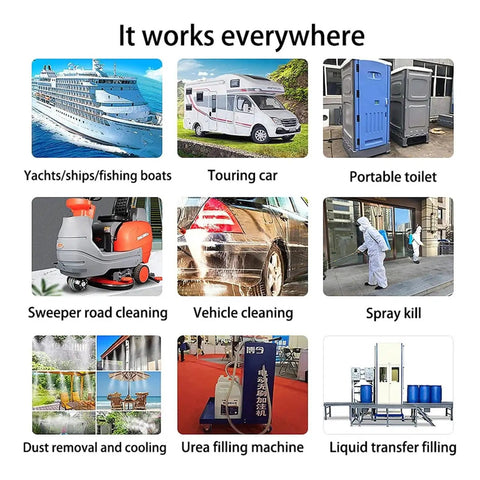 Various applications of the Automatic Electric Diaphragm Water Pressure Pump 8L Min 12V 120W for RVs, boats, and cleaning tasks.