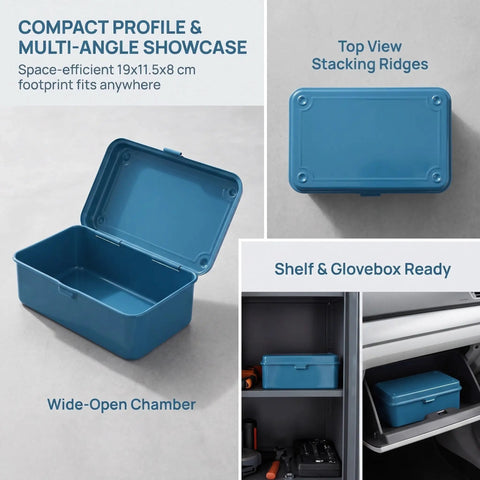 Kickass Vintage Iron Tool Box With Secure Locking Lid And Snappy Quick Access Compartments For Home Mechanic And Car Garage Heavy Duty Metal Storage Solution top view of blue toolbox with secure lid and wide-open chamber