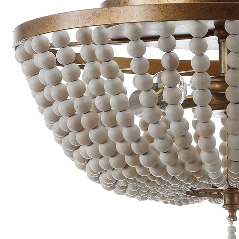 Close-up of Allison 3 Light LED Flush Mount Ceiling Light With Wood Beaded Shade In Antique Gold Cream Perfect Bedroom Farmhouse Rustic Chic Decor Vibe LED Bulbs Included.