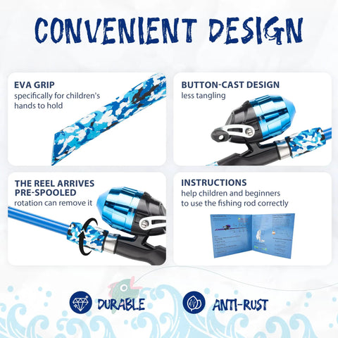 Convenient design features of Two Pack Kid Friendly Telescopic Fishing Poles Set With Reel, includes EVA grip and button-cast design.
