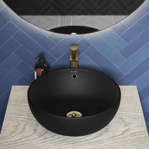 Sublime Round Vessel Sink In Matte Black With Above Counter Installation, Durable Non Porous Scratch Resistant Ceramic, No Faucet Included