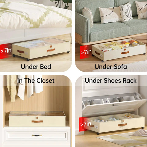 Smooth Roll Underbed Storage Cubes With Secured Transparent Lid And Custom Fit Dividers Two Pack in different storage locations.