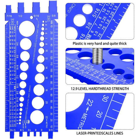Two Piece Nut Bolt Thread Gauge Set With Metric And SAE Identifier, Plastic Bolt Sizing Tool in blue, rulers and holes visible.