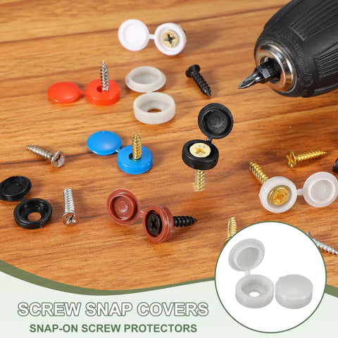 Slick Hinged Screw Snap Covers Set Of 200 Bronze Plastic Shutter Screw Caps For Cabinet Drawer Fixtures shown with various screws.