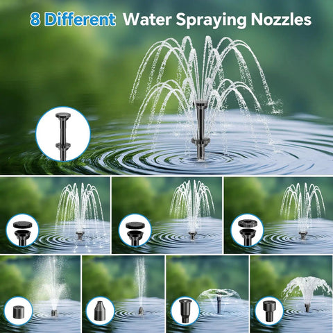 Solar Fountain Pump With Built In 3000mAh Battery Backup And 8W Solar Panel Pond Filter Kit showing 8 water spraying nozzles