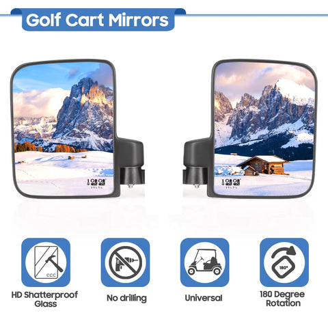 Golf Cart Side Mirrors No Drilling Install, 180 Degree Rotation And Foldable HD Shatterproof Glass For Club Car EZGO And More