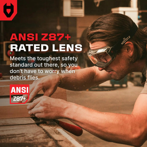 Man wearing Adjustable Lightweight Full Face Shield For 6X3 OTG Vented Safety Goggles Compatible ANSI Z87 1 Certified PPE while woodworking.
