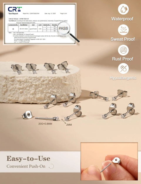 Six Pairs Tiny 2mm Stainless Steel CZ Stud Earrings Set For Men And Women, Multi Piercing Friendly Earring Kit For Lobe, Cartilage, Helix, Tragus, Snug, Second And Third Hole, With Easy Backings, 2mm studs with 20G posts