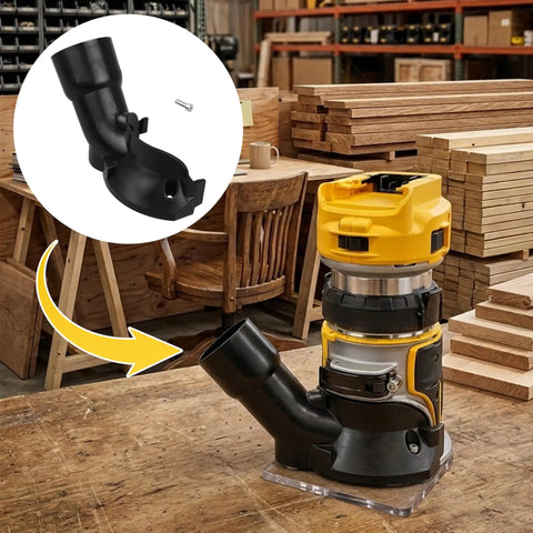 Universal Dust Collection Hose Adapter For DeWalt DCW600 And DWP611 Trim Routers with dual 27mm and 36mm ports attached to router