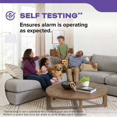 Family sitting on a gray sofa with a dog, showcasing the Hardwired Smoke And Carbon Monoxide Alarm With Voice Alerts, 10 Year Sealed Battery Backup, Interconnected Combo Fire And CO Detector, Model 30CUA10 V, Easy Install, UL Listed, Includes Cloth.