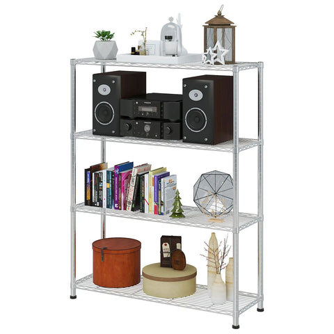 4 Tier Standing Adjustable Wire Shelving Unit With Fixed Feet For Rock Solid Stability And Wobble Free Storage, Silver Gray Finish