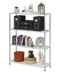 Beefy 4 Tier Metal Shelf Unit With Adjustable Shelves And Feet, holding stereo, books, decorations, heavy duty storage rack.