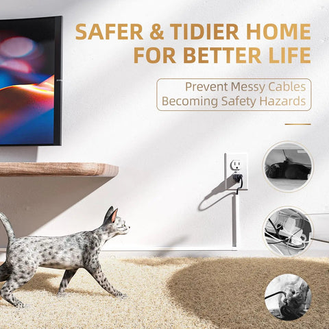 Effortless Wall Cable Hideaway Kit For TVs installed behind wall-mounted TV with cat on carpet, preventing cord hazards.