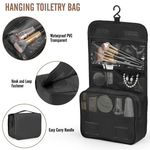 Hanging toiletry bag with waterproof PVC pockets from 10 Piece And 8 Piece Packing Cubes Set For Travel Essentials Anti Wrinkle Buckled Suitcase Organizer.