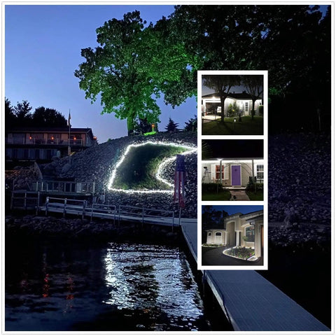 Nighttime scene with 100Ft Purple LED Rope Lights For Indoor Outdoor Decor, Waterproof IP65 illuminating garden paths and decks.