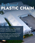 Aerial view of plastic chain manufacturing facility in Copemish, Michigan with text about Mr. Chain's invention in 1960.