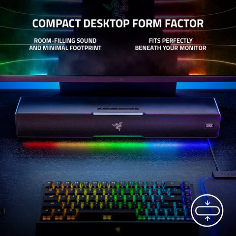 Next Level PC Gaming Soundbar And Wired Subwoofer With Dual Drivers Delivering Sick Bass THX Spatial 7.1 Surround Sound Setup That Will Blow Out Your Speakers In Classic Black positioned under a monitor.