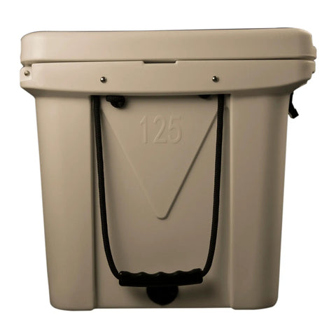 Front view of Bombproof 125 Quart Insulated Cooler Tough As Nails Rotomolded Hard Ice Chest with lid closed.