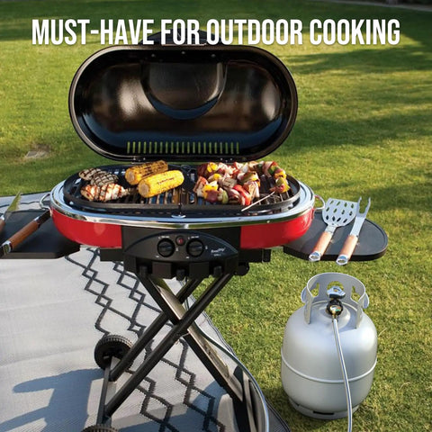 Outdoor grill with 12 Foot Propane Hose Adapter with Gauge connecting to propane tank for cooking