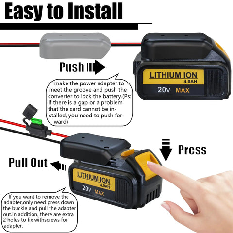 20V Battery Adapter and Power Wheels Conversion Kit with fuse and wiring showing easy installation steps for ride on toys.