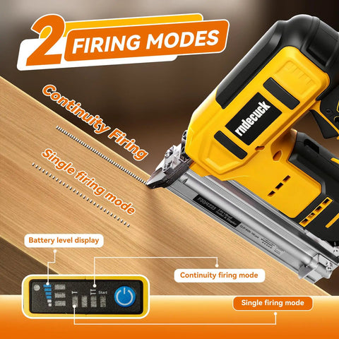 Brushless Cordless Brad Nailer Compatible With Dewalt 20V Max Battery 18 Gauge Power Tool showing two firing modes and battery level display.