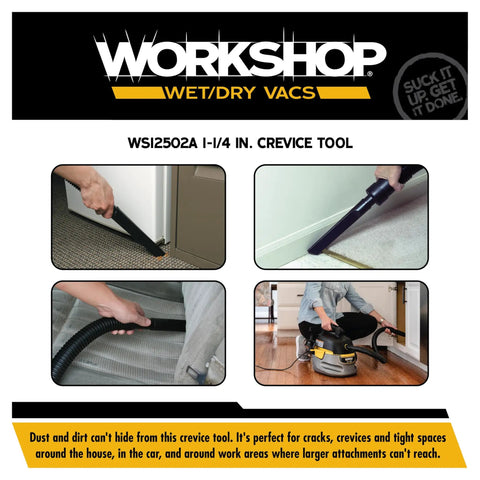 Crevice Tool For Wet Dry Vacuums, Slim One And One Quarter Inch Attachment For Tight Corners in use on carpet and floor.