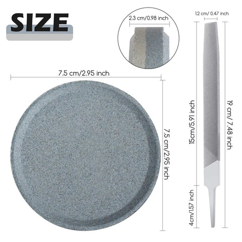 Axe File Sharpener Set Pro Grade With 120 And 240 Grit Whetstone and 7 Inch Rectangular Axe File showing dimensions.