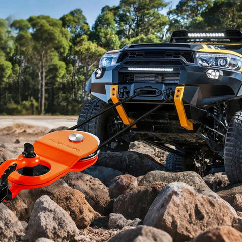 Heavy Duty Snatch Block Pulley For Off Road Recovery And Heavy Hauling, 33,000 LBS WLL, 66,000 LBS Breaking Strength, Change Direction To Gain Mechanical Advantage, Built Tough For Trucks, Tractors, ATVs And UTVs, Orange 1 Pack on recovery truck