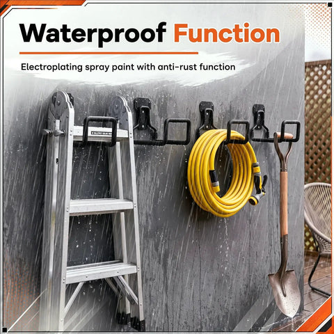 Rock Solid Heavy Duty Garage Wall Mount Hooks 8 Pack with complete screw kit holding a ladder, hose, and shovel.