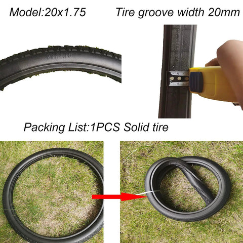 Solid Airless Bike Tire 20x1.75 No Pump Needed Inflation Free Puncture Proof Anti Slip on grass with rim clamp install