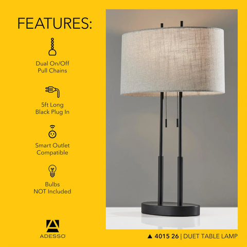 Two Light Table Lamp With Dual Pull Chains, Antique Bronze Finish And Taupe Fabric Shade, 27 Inch Tall, on nightstand