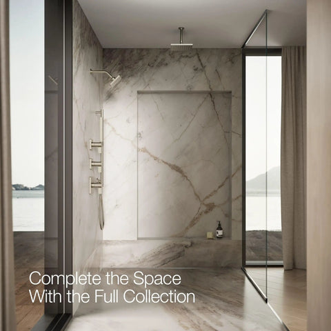 Parallel Single Function Showerhead In Vibrant Brushed Nickel installed in luxurious marble bathroom