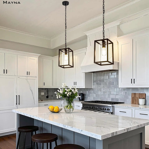 Kitchen with One Light Farmhouse Pendant Light With Black Metal Cage And Glass Shade, Adjustable Chain, over island