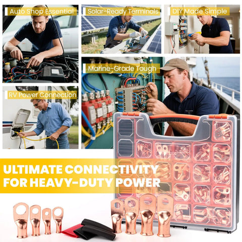 Heavy Duty Pro Grade Copper Wire Lugs And Heat Shrink Tubing Kit 264 Pcs Battery Cable Ends Set in multiple usage scenarios.