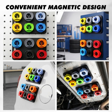 No Spill 20 Piece Engine Oil Funnel Kit with color-coded adapters on magnetic trays in various workshop settings