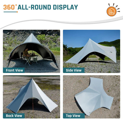All Weather Camping Canopy Tarp With Poles And Sun Shade Shelter For Outdoor Camping Backyard Or Picnic Includes Guy Lines And Luminous Tent Stakes Grab And Go Setup Spacious Shade Gray front, side, back, and top views