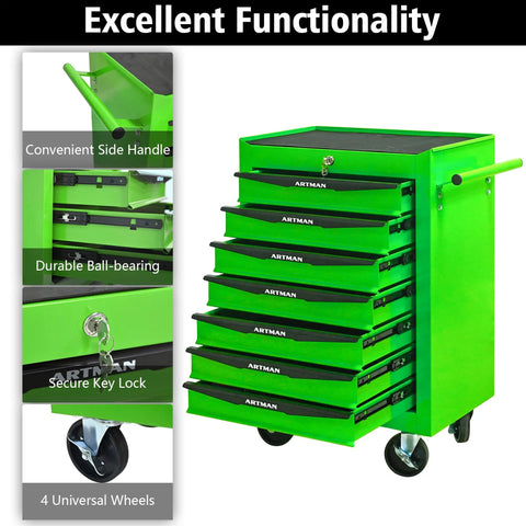 Heavy Duty Freestanding Storage Cabinet With Smooth Rollin Parking Brakes And Ball Bearing Slides For Crazy Convenient Garage Workspace Organization In Sage Green with open drawers and side handle.