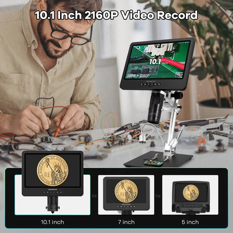 Crystal Clear 2160P HDMI Digital Microscope With 10.1 Inch Display Three Lens System For Soldering Repair Electronics Coins Plants Stones And Biological Slides Up To 2000x Magnification in use