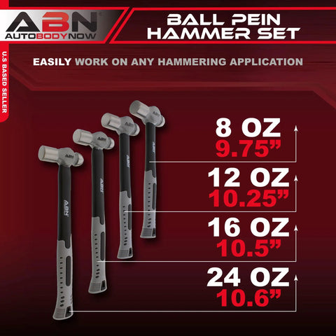 Ball Pein Hammer Set 4-Piece With 8, 12, 16, 24 Oz Hammers, Fiberglass Handles, Carbon Steel Build, size comparison chart