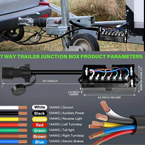 Heavy Duty 8 Ft 7 Way Trailer Plug Wire With Waterproof Junction Box And Real Copper Terminals, 8ft harness with wiring details.
