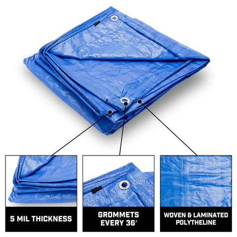 Heavy Duty 8x10 Poly Tarp Waterproof With Grommets Every 36 Inches 8x8 Weave 5 Mil Thick Multi Purpose Cover Detail View Pack Of 4 Blue