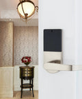 Left-hand digital door lock with M1 card, passcode, mechanical key in hallway, voice guided operation, 1020 user capacity.