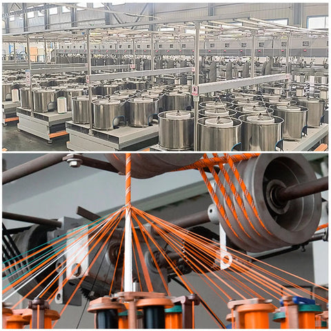 Top Shelf Braided Polyester Arborist Rope 3/8 Inch By 120 Feet With 48 Strands production setup showing spools and machinery.
