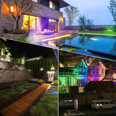 Color Changing Outdoor Spotlight Kit With Remote Control 10W RGBW LED Landscape Lights illuminating yard, pool, and building