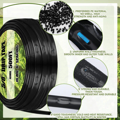 1000 Ft 5/8 Inch Drip Tape Irrigation Kit With 6-Inch Spacing, 8 Mil Wall Thickness showing tube and connectors close-up