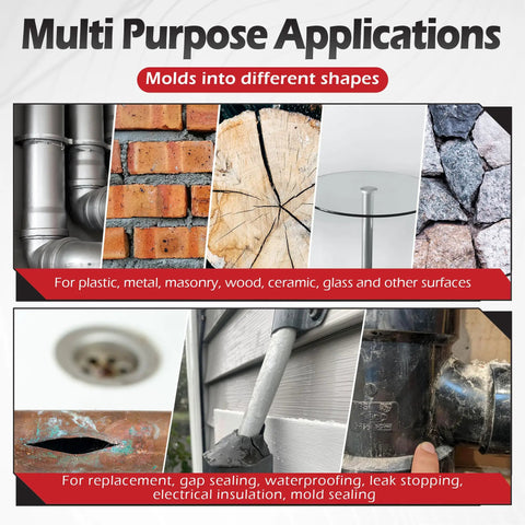 Applications showing Moldable Silicone Putty Duct Sealant for waterproof gaps on metal, wood, ceramic, and glass surfaces.