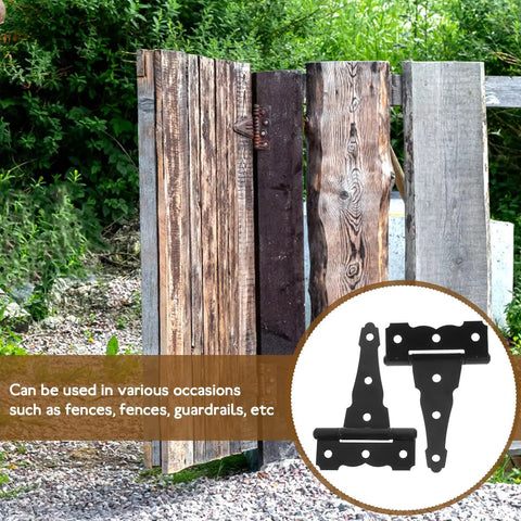 Rock Solid 2 Pack Heavy Duty Barn Door Hinge T Shaped Iron Gate Hardware With Matte Black Finish For Outdoor Shed Windows And Doors Farmhouse Style No Sweat Setup on wooden fence.