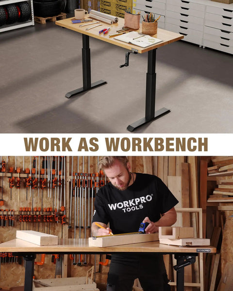Beefy Adjustable Standing Workbench With Crank Handle 300 Lb Load 47.2 By 23.6 Inch Rubber Wood Top Height Adjustable From 28.74 To 47.24 Inches For Garage And Shop Tasks in use
