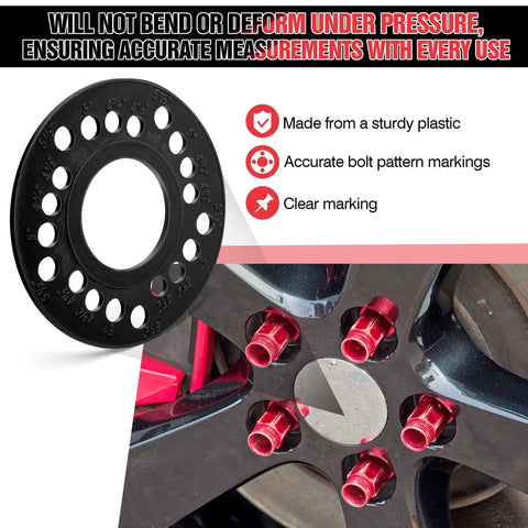 Two Pack Wheel Bolt Pattern Measuring Tool Template For 4 5 6 8 Lug Bolts Hub Gauge on a wheel highlighting clear markings.