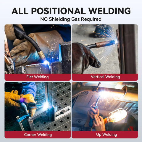 All positional welding technique demonstration showing flat, vertical, corner, and up welding with Heavy Duty Flux Core Welding Wire E71T-GS.030 Inch Diameter 10 Pound Coil No Gas Required All Position Mild Steel Build Knockout Arc Stability Hassle Free Hook Up Shop Tough Standards.